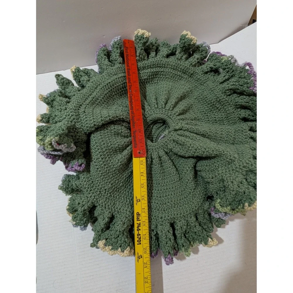 Vintage Handmade Crochet Doll Dress Green Ruffled Knit Skirt 21 Inch Diameter